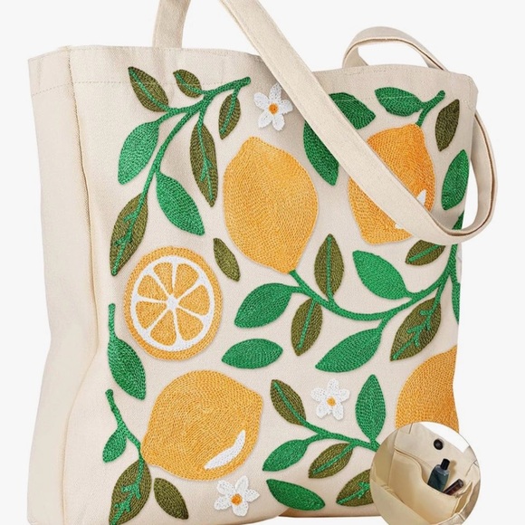 Handbags - NEW Embroidered Lemon Canvas Tote Bag